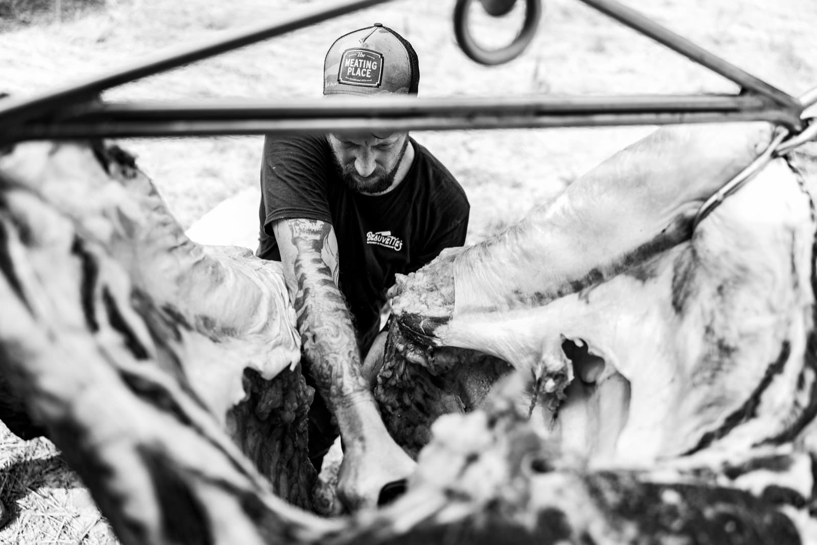 Master butcher breaking down a beef carcass by hand at the farm